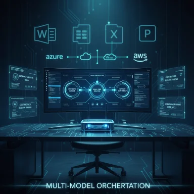 Futuristic command desk with holographic dashboards for Azure/AWS multi-model orchestration.