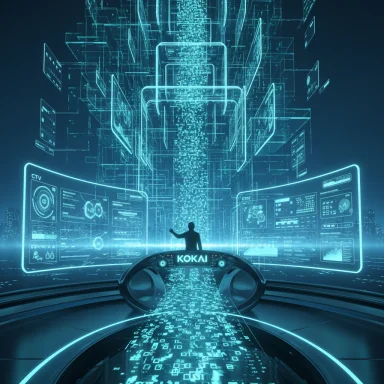 A person stands at a neon blue holographic hub labeled KOKAI, amid floating data screens.