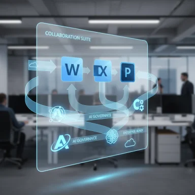 Futuristic holographic collaboration suite showing W, X and P icons with AI governance.