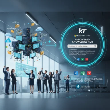 Professional team celebrates around a futuristic AI knowledge hub in a high-tech office.