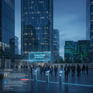 Futuristic city plaza with glass towers and neon blue signage reading Three Days In Office.