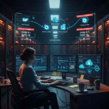 Security analyst monitors multi-screen dashboards in a data-center, tracking cyber threats.