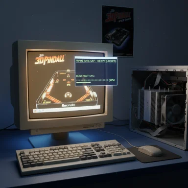 Retro PC setup with CRT monitor running 3D Pinball Space Cadet.