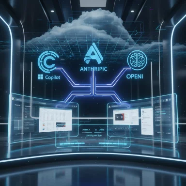Futuristic holographic data hub displaying Anthropic, Copilot, and OpenAI logos above curved screens. Futuristic holographic data hub displaying Anthropic, Copilot, and OpenAI logos above curved screens.