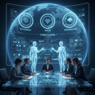 Futuristic boardroom with holographic globe, two holograms, and a team planning efficiency, value, reinvention.