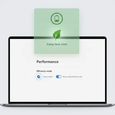 Laptop screen shows Performance settings with an Energy Saver active pop-up and eco toggle.