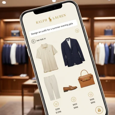 Ralph Lauren design app on a phone showing a summer gala outfit: polo, blazer, pants, shoes, and bag.