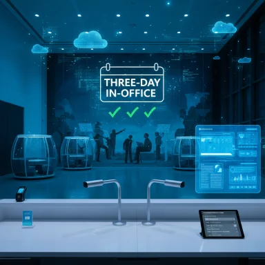 A futuristic, blue-tinted office lobby promoting a three-day in-office policy with holographic displays.