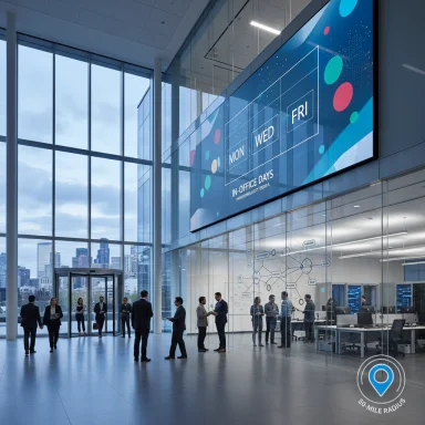 Modern corporate lobby with glass walls, a city skyline, and a large digital weekly schedule display.