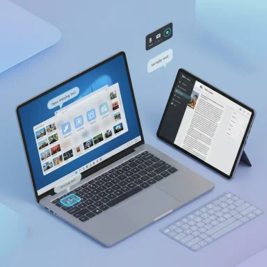 A futuristic laptop setup with a second tablet screen and floating UI bubbles.