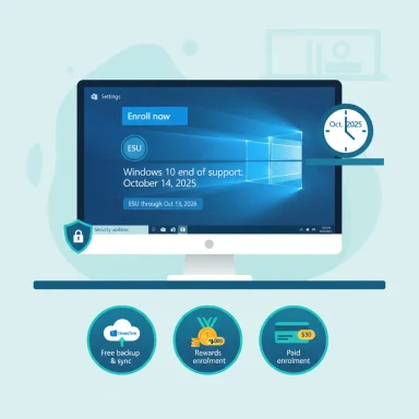 Illustration of Windows 10 ESU enrollment with free, rewards, and paid options.