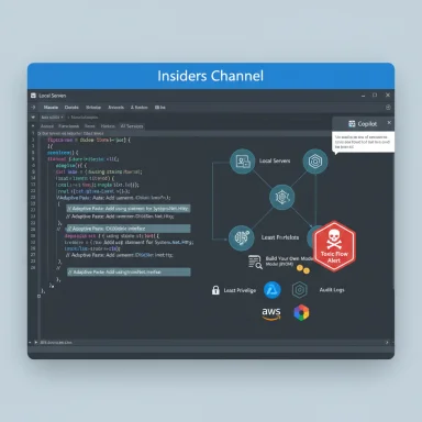 Dark IDE screen showing code, a blue Insiders Channel banner, and a security diagram with a Toxic Flow alert.