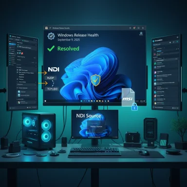 A multi-monitor desk setup showing Windows Release Health as Resolved with NDI Source icons.