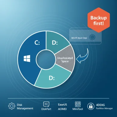 Circular Windows disk-partition chart highlighting unallocated space with a 'Backup first!' badge.
