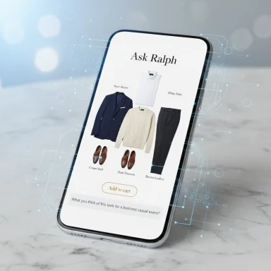 Smartphone shows the “Ask Ralph” fashion catalog with outfits and an Add to cart button.