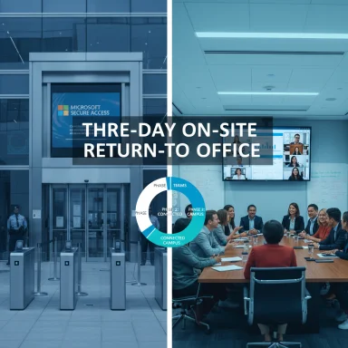Split image showing an office entrance on the left and a meeting room with a video call on the right.