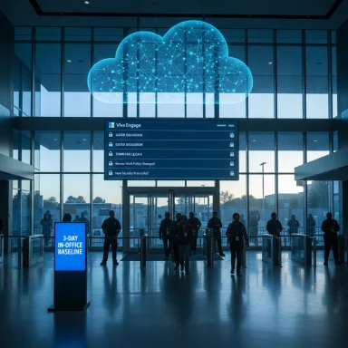 A modern lobby features a glowing blue cloud hologram overhead and people walking past security gates.