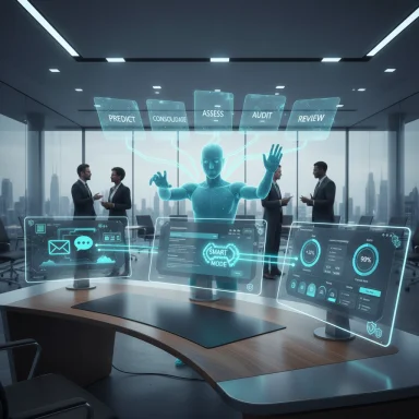 A holographic AI figure guides a boardroom with glowing digital dashboards. A holographic AI figure guides a boardroom with glowing digital dashboards.