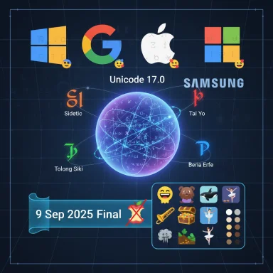 Unicode 17.0 themed graphic with Windows, Google, Apple, and Samsung logos around a glowing globe.