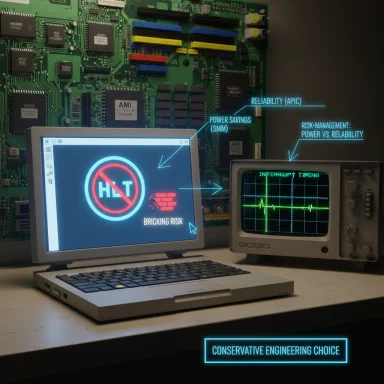 Retro laptop and oscilloscope with neon labels signaling a conservative engineering choice.