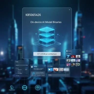 A futuristic holographic UI panel displaying on-device AI model binaries (KB5065426) and per-architecture size.