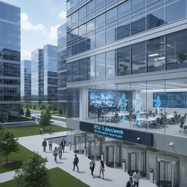 A modern glass office campus with holographic figures inside and people outside the entrance.