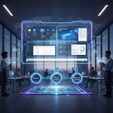 A futuristic holographic data dashboard floats above a boardroom, linking OpenAI, Claude, and Microsoft In-House.