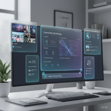 A futuristic desk setup with holographic, translucent screens floating around a curved monitor.