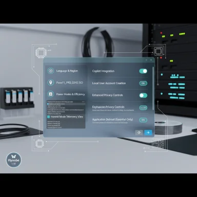 A futuristic holographic settings panel hovering over a data center/server room.