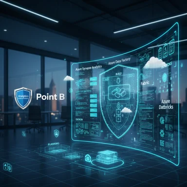 Futuristic holographic data dashboard with a shield icon labeled Point B in a modern office.