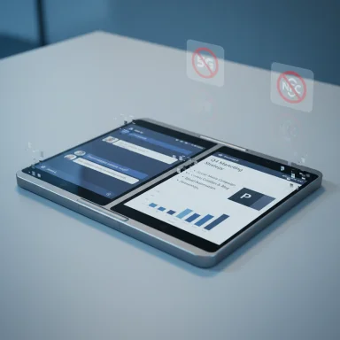 A tablet on a white desk displays charts and messages, with translucent “no” icons hovering above.