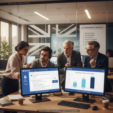 Four professionals review AI governance dashboards on dual monitors in a glass-walled office.