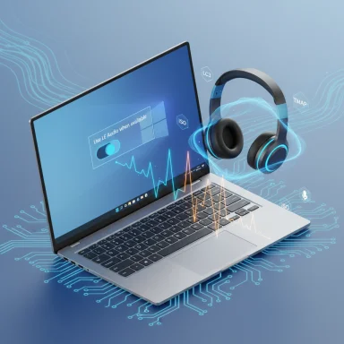 A laptop with floating headphones and glowing audio waves over a circuit-pattern background.