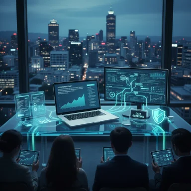 A futuristic team analyzes data on holographic screens in a glass-walled, city-view control room.