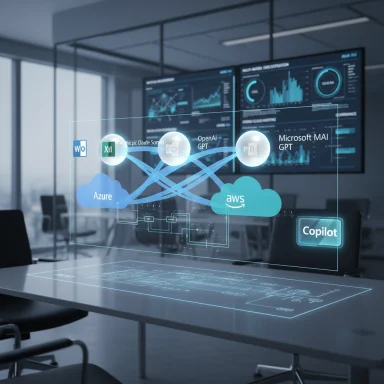 A futuristic holographic dashboard connects Azure and AWS clouds with Copilot and AI tools.