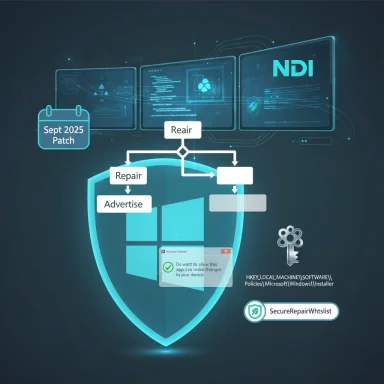 Futuristic security diagram showing a Sept 2025 patch and repair workflow inside a shield.