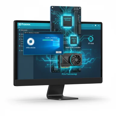 Monitor shows Proxmox VM setup with floating PCIe hardware diagram and Windows install progress.