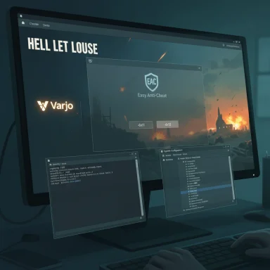 Dimly lit desk setup with a large monitor displaying Hell Let Loose and floating anti-cheat and terminal windows.