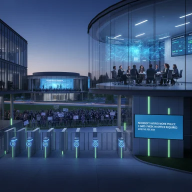 Futuristic Microsoft campus with glass-walled meeting pod, neon turnstiles, and a crowd protesting hybrid-work policy.