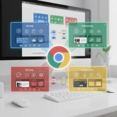 Chrome hub with four translucent panels around a central Chrome logo: Work, Personal, Social, and Research.