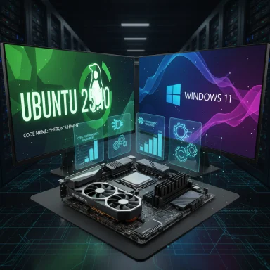 Futuristic data-center setup with dual curved monitors showing Ubuntu 25.10 and Windows 11.