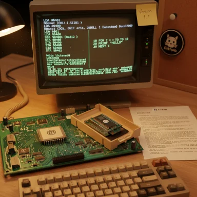 Vintage computer setup with a CRT screen showing code, a PCB on the desk, and a keyboard.