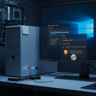 A desktop PC setup with a monitor displaying Windows 11 installation prompts.