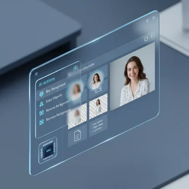 A translucent holographic display shows an AI photo-editing UI with a portrait image.