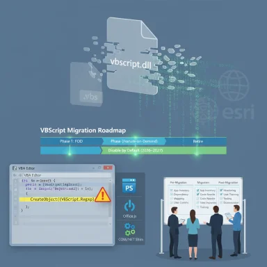 VBScript Migration Roadmap infographic showing a code editor, warning symbol, and pre/post-migration planning.