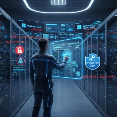 Futuristic technician in a neon data center interacts with a holographic patch screen.