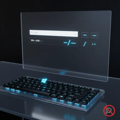 A translucent, futuristic monitor displays Windows search and shortcuts above a glowing blue-backlit keyboard.