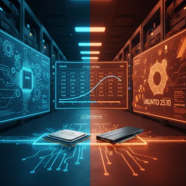 Futuristic data center with neon blue/orange dashboards and exposed hardware on the floor.