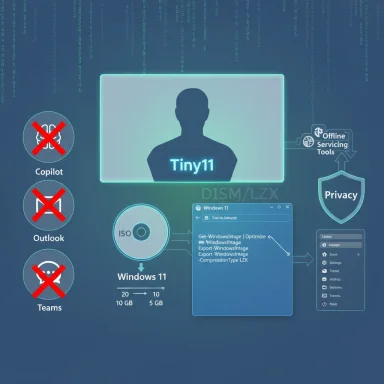 Diagram of Tiny11: a slim Windows 11 build with offline servicing and privacy, trimmed of Copilot, Outlook, and Teams.