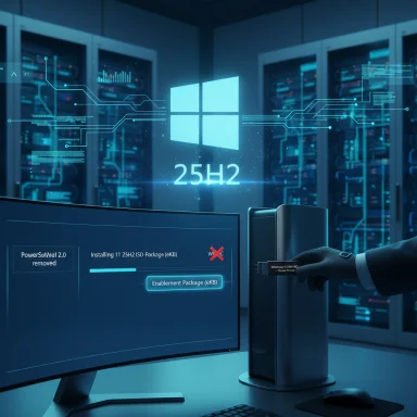 Futuristic data center with a Windows 25H2 hologram and a hand inserting a USB drive.